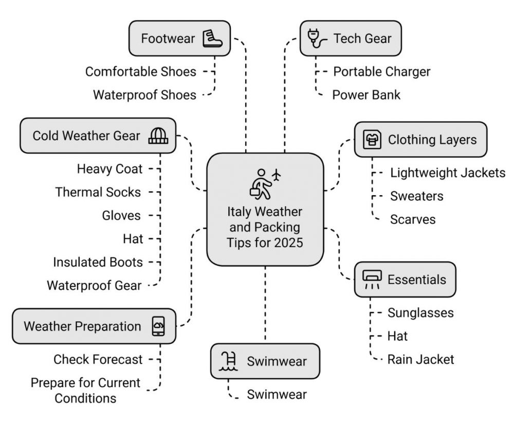 Visual representation of clothing and accessories categorized for Italy's climate and packing recommendations for 2025.