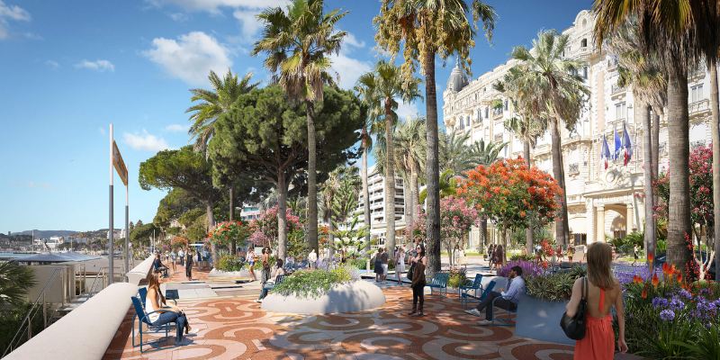 Artistic depiction of Nice, France's new pedestrian promenade, featuring beautiful landscapes and inviting walkways.