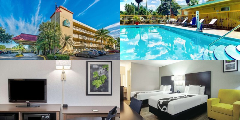 Collage of four images featuring a hotel room, pool, and TV at La Quinta Inn by Wyndham, West Palm Beach, Florida.