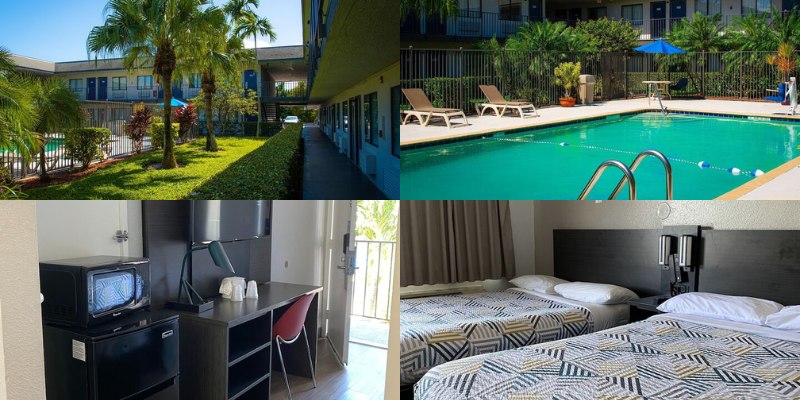 Four images showcasing a Motel 6 room, featuring a cozy bed and a refreshing pool area in Lantana, FL.