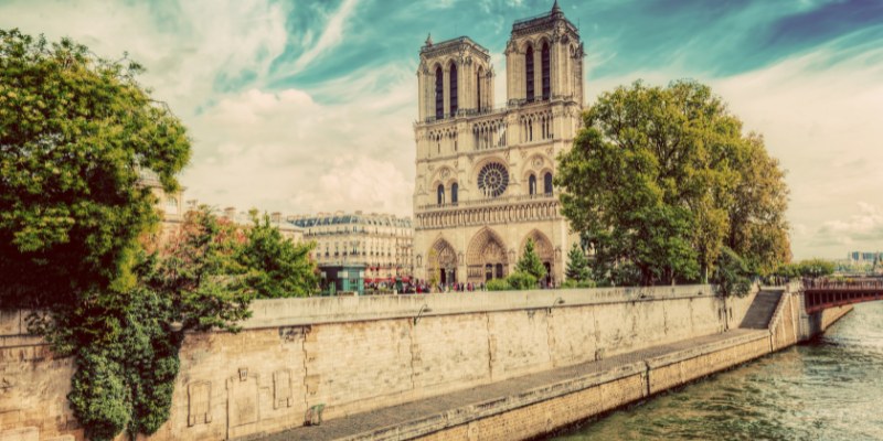 A view of Notre-Dame Cathedral in Paris, France, highlighting its stunning Gothic design and historical significance.