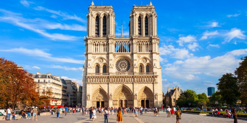 A view of Notre-Dame Cathedral in Paris, France, highlighting its stunning Gothic design and historical significance.