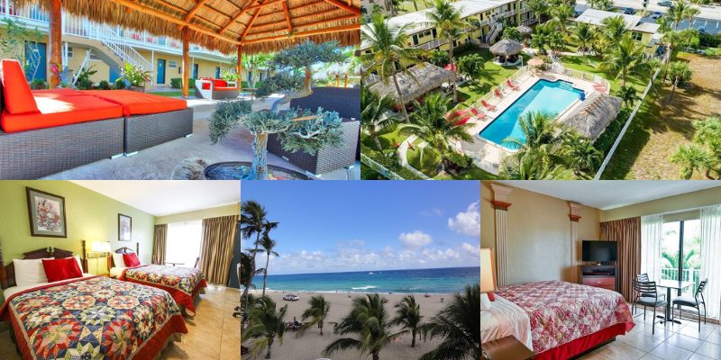 Photos of a hotel room at Oceans Beach Resort, highlighting the pool area and beautiful beach scenery.