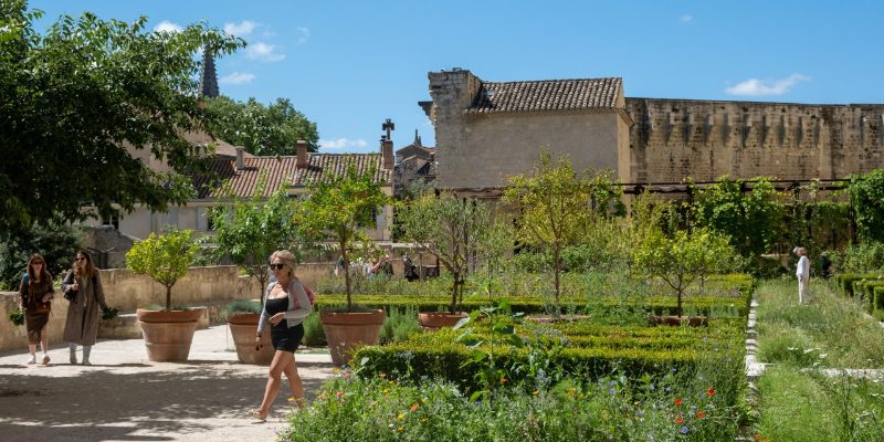 Scenic view of the garden at Chateau de la Rivière aux Pommes, showcasing colorful blooms and elegant landscaping.