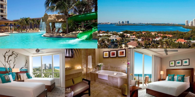 Collage of five images featuring the Palm Beach Marriott room, pool, and thrilling water slide.