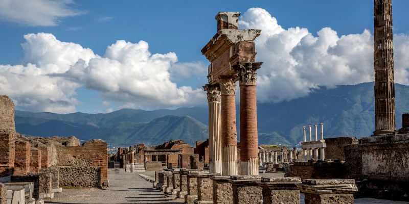 Ancient ruins of Pompeii, Italy, illustrating the remnants of a Roman city buried by volcanic ash.