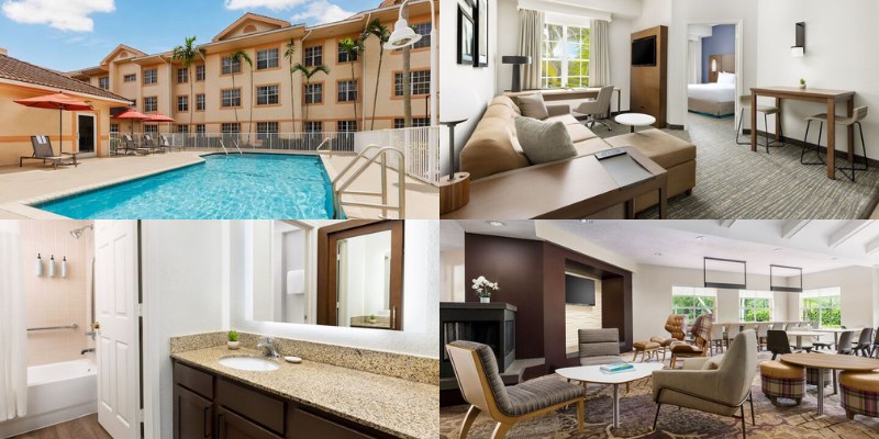 Collage of four photos featuring a hotel room, pool, and living room at Residence Inn by Marriott West Palm Beach.