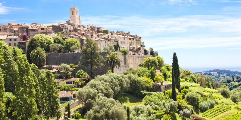 Scenic landscape of Saint-Paul-de-Vence, a quaint village in Provence, France, featuring traditional buildings and lush surroundings.