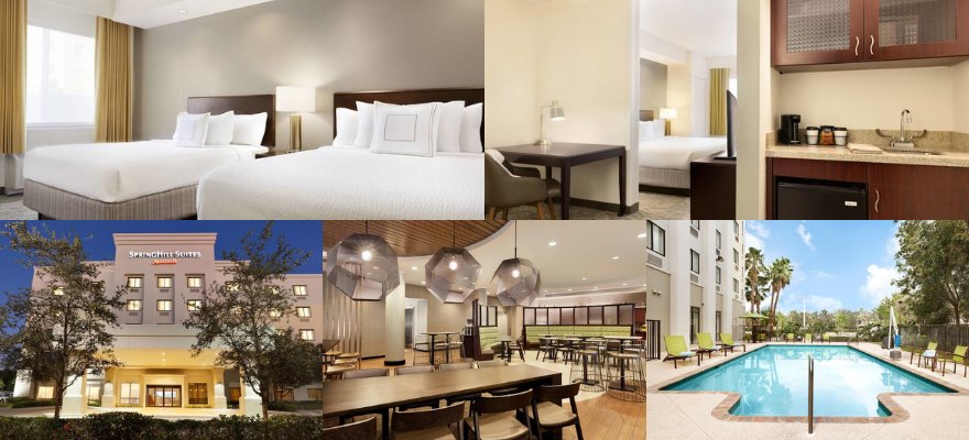 Visuals of hotel rooms, dining area, hotel facade, and pool at Springhill Suites by Marriott West Palm Beach.