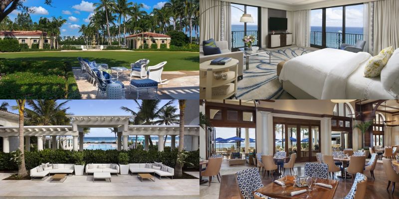 Four stunning images of The Breakers Palm Beach hotel room, featuring a pool, beach access, and a relaxing patio area.