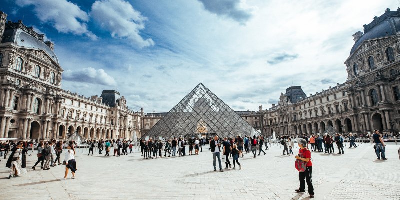 The Louvre Museum in Paris, France, showcases its iconic glass pyramid and historic architecture.