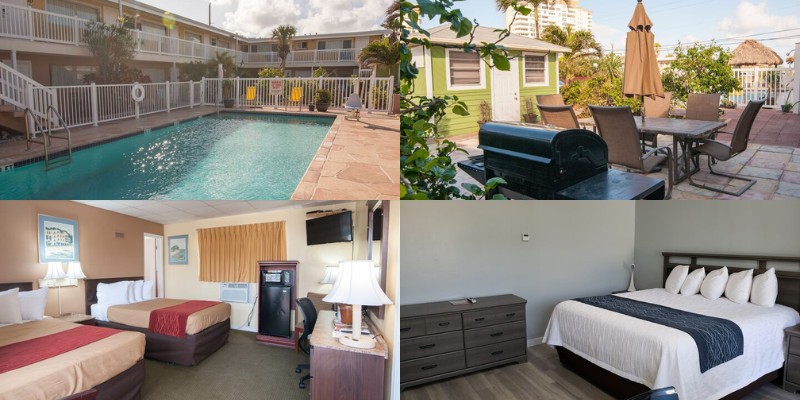 Four visuals of The Palms on Ocean: a motel room, a pool area, and a neatly made bed.