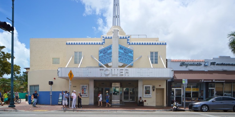 View of the Tower Theater in Miami Beach, highlighting its distinctive design and cultural significance.