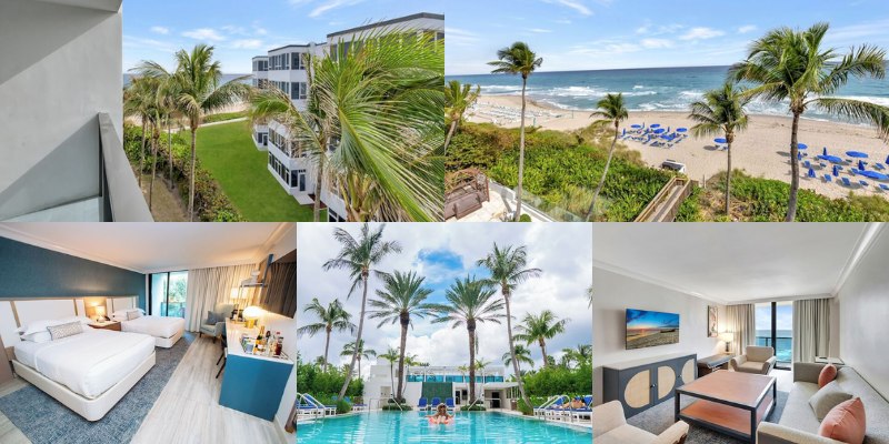 Collage of Tideline Palm Beach Ocean Resort & Spa featuring a hotel room, pool area, and beach scenes.