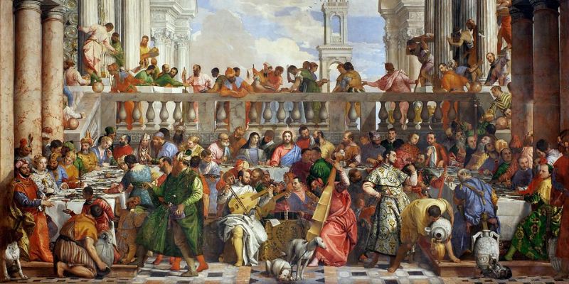 A joyful scene depicting the wedding of Joseph and Maria, inspired by the Wedding Feast at Cana, filled with celebration and love.