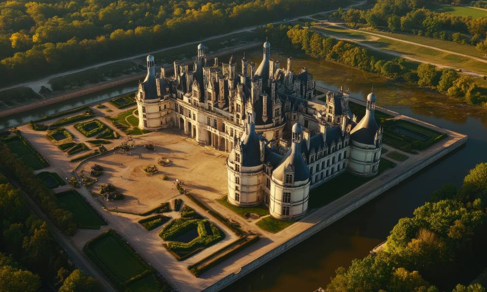 Stunning aerial perspective of Château de Chambord, highlighting its unique design and expansive grounds.