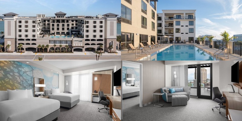 Four distinct views of hotel rooms and a pool at Courtyard by Marriott Clearwater Beach.