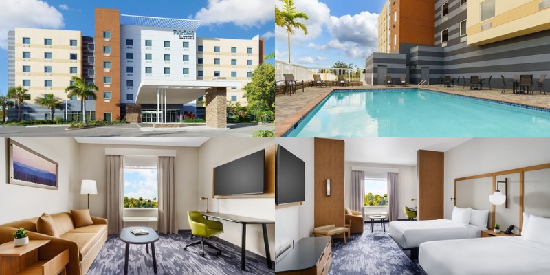 Four images showcasing hotel rooms and a pool at Fairfield Inn & Suites by Marriott in Homestead, Florida City.