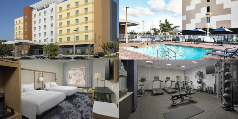 Image of a hotel room at Fairfield Inn & Suites by Marriott Miami Airport West / Doral, highlighting a pool and gym area.