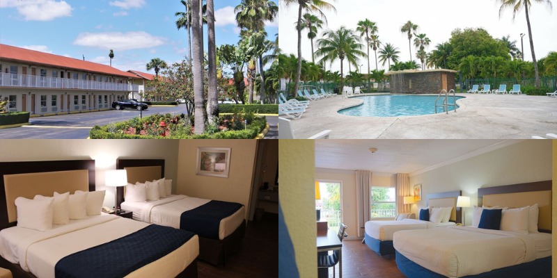 Fairway Inn's comfortable hotel room features a soft bed and a quiet pool, perfect for relaxing in Florida City.