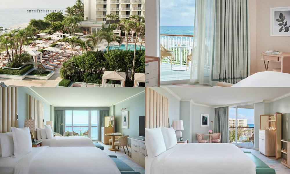 Elegant hotel room interiors with panoramic ocean views, captured at the opulent Four Seasons Resort Palm Beach.