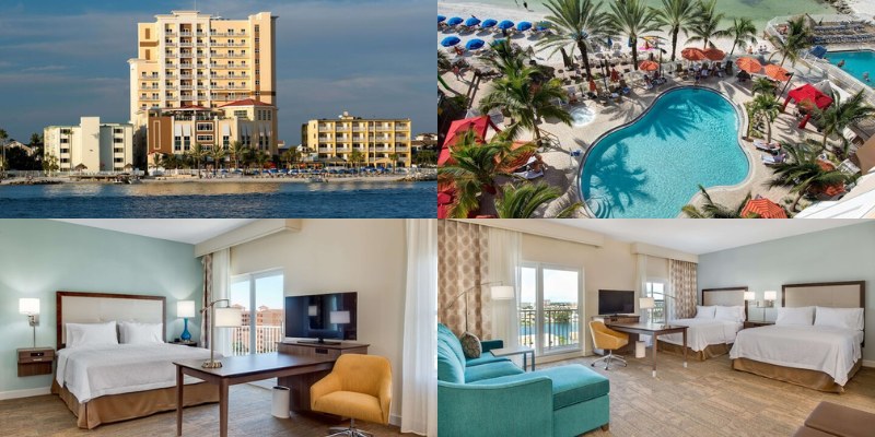 Four pictures of the Hampton Inn & Suites Clearwater Beach, highlighting the hotel, pool, and nearby beach.