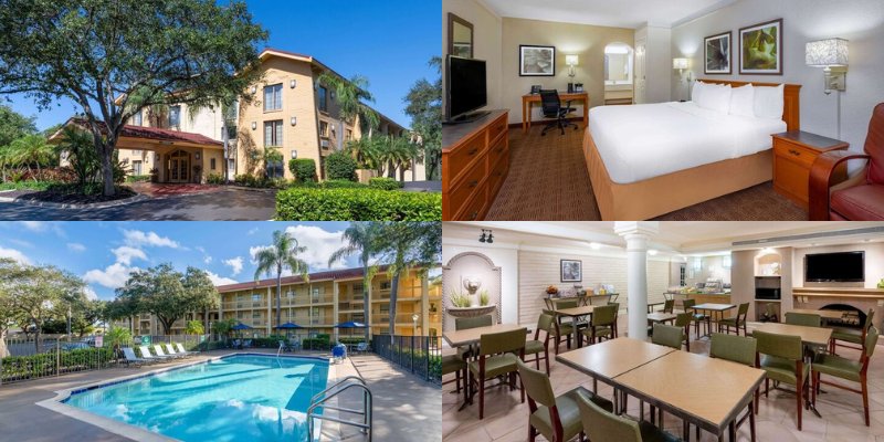 Entrance, spacious hotel room, pool view, and dining area at La Quinta East Deerfield Beach Boca Raton.