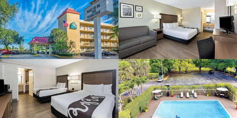 La Quinta Inn by Wyndham West Palm Beach Florida Turnpike showcasing the welcoming entrance, comfortable hotel room, pool view, and full hotel room layout