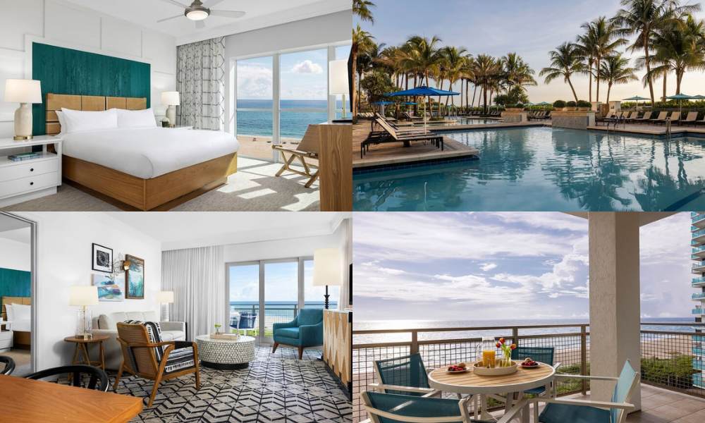 Explore Marriott's Oceana Palms through four images highlighting a chic hotel room, refreshing pool, and gorgeous ocean vistas.