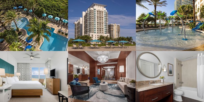 A collage showcasing Marriott's Oceana Palms: hotel room, pool, and beach views in four vibrant images.