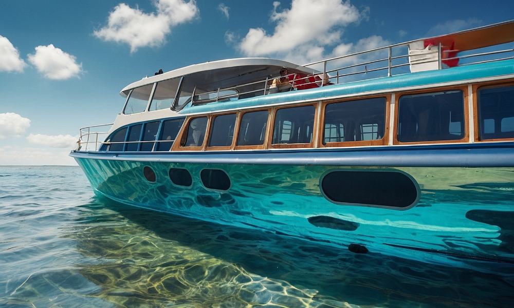 A blue boat gently floats on the calm surface of the ocean under a clear sky.