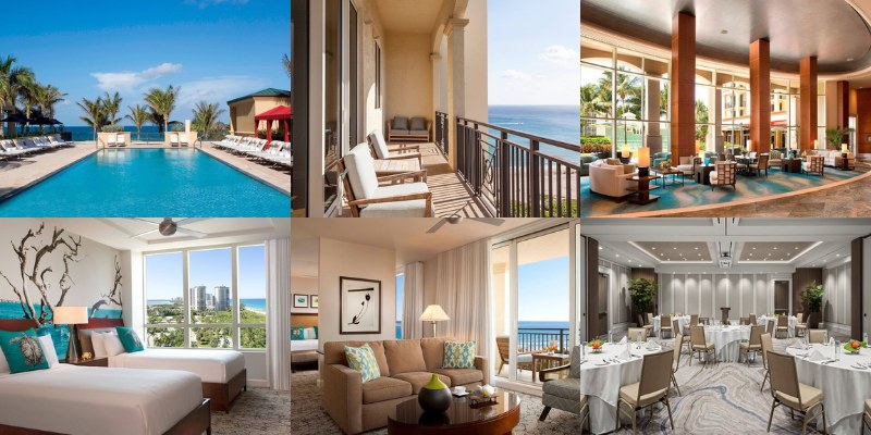 A collage of hotel room images, each with a pool and ocean view, from Palm Beach Marriott Singer Island Beach Resort & Spa.