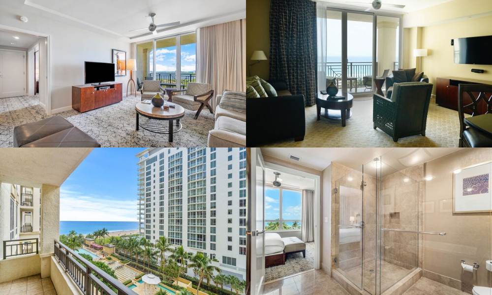 A luxurious glimpse into Ocean View Hotel room and living room settings at the Palm Beach Singer Island Resort & Spa.