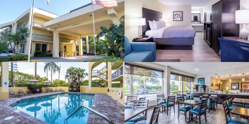 Quality Inn Palm Beach International Airport features a welcoming entrance, cozy hotel rooms, a relaxing pool view, and a comfortable dining area.