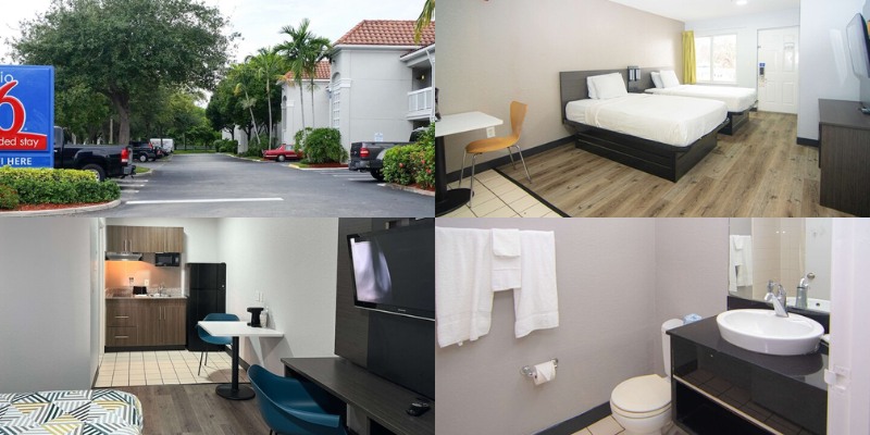 Exterior view of Studio 6 West Palm Beach FL, with cozy studio rooms, a functional kitchenette, modern amenities, and a clean bathroom.