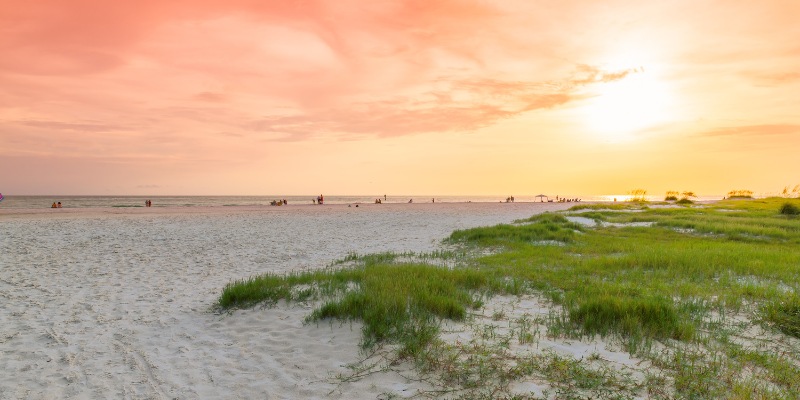 Sunrise over Siesta Key Beach, with lush grass and soft sand creating a tranquil coastal scene.