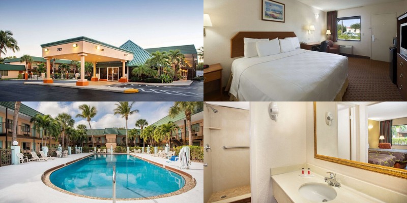 Super 8 by Wyndham North Palm Beach features a welcoming entrance, comfortable hotel rooms, a refreshing pool view, and a clean, well-maintained bathroom.