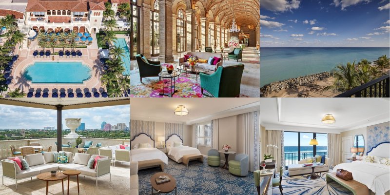 A collage of The Breakers Palm Beach featuring a hotel room, inviting pool, and stunning beach scenery.