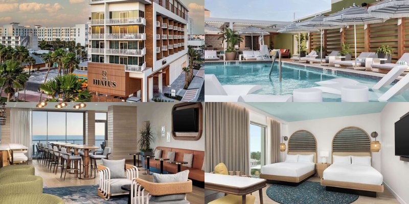 A collage of four hotel room images and a pool at The Hiatus Clearwater Beach Curio Collection by Hilton.