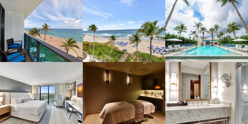 Visuals of Tideline Palm Beach Ocean Resort & Spa, highlighting a hotel room, pool, and stunning beach landscape.