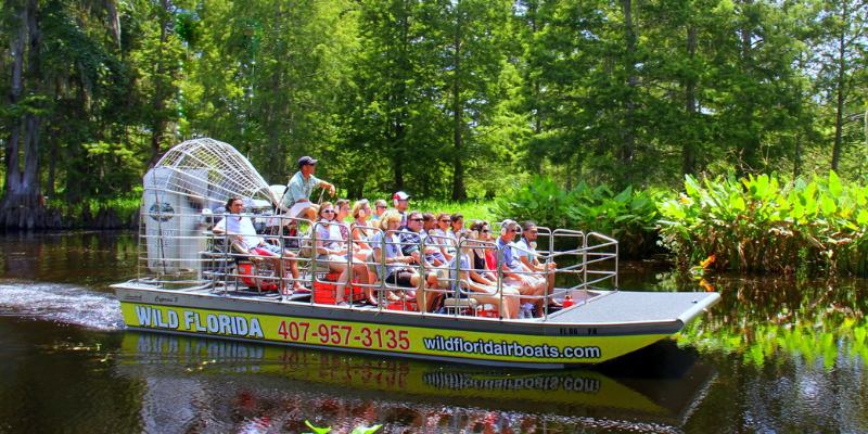 A fun airboat ride with a group of people at Wild Florida Airboats & Gator Park, showcasing the natural beauty.