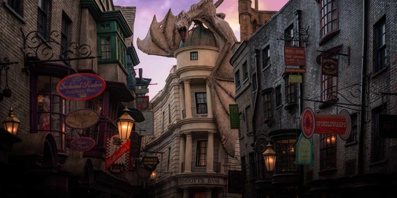 In the Wizarding World of Harry Potter at Universal Orlando, a dragon is positioned prominently in the street.