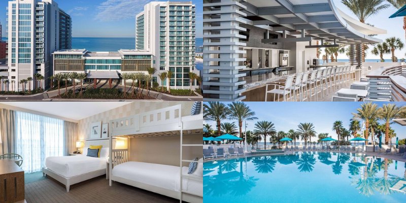 Four pictures of the Wyndham Grand Clearwater Beach, displaying the hotel, inviting pool, and beautiful beach.