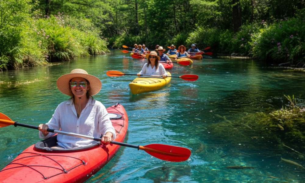A group of people kayaking on a clear Florida river, showcasing some of the best places to kayak in Florida.