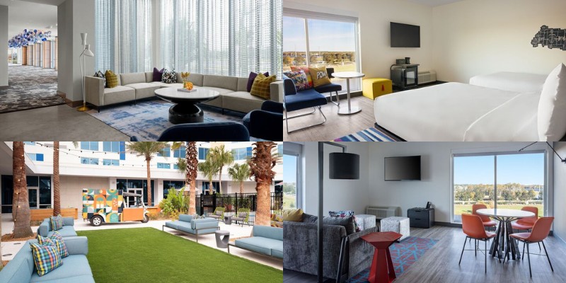 Views of a hotel room featuring stylish furniture and a pool, showcasing the inviting atmosphere of Aloft Orlando Lake Nona.