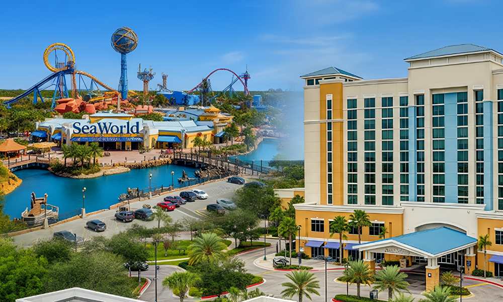 This hotel near SeaWorld Orlando stands beside a lively water park, providing a fun-filled retreat for visitors.