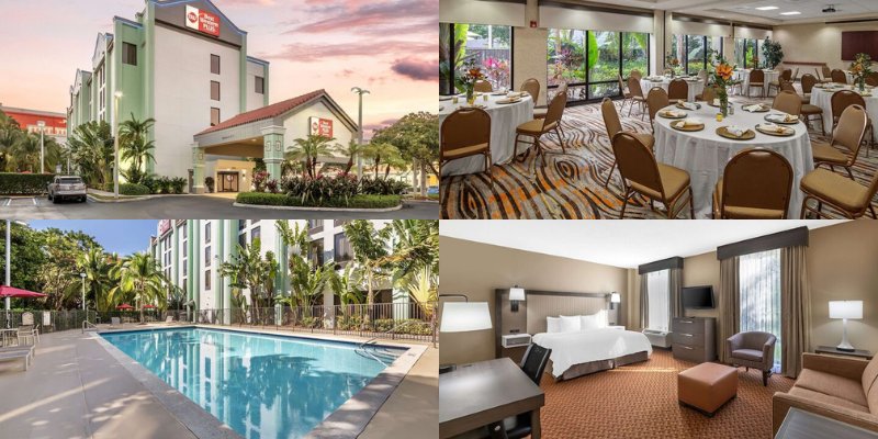 Exterior of Best Western Plus Kendall Hotel & Suites with palm trees, banquet hall with round tables, outdoor pool, and guest room with bed and seating.