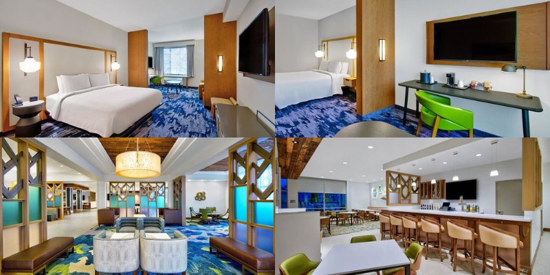 Images of a hotel room featuring a bed, television, and desk at Fairfield by Marriott Inn and Suites Orlando.