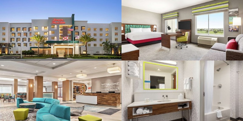 Exterior view of Hampton Inn & Suites Miami Kendall with palm trees, modern lobby, guest room with bed and desk, and bathroom with shower.