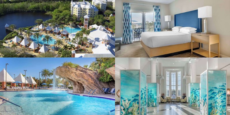Visuals of Hilton Grand Vacations Club SeaWorld® Orlando, including a cozy hotel room, inviting pool, and hotel facade